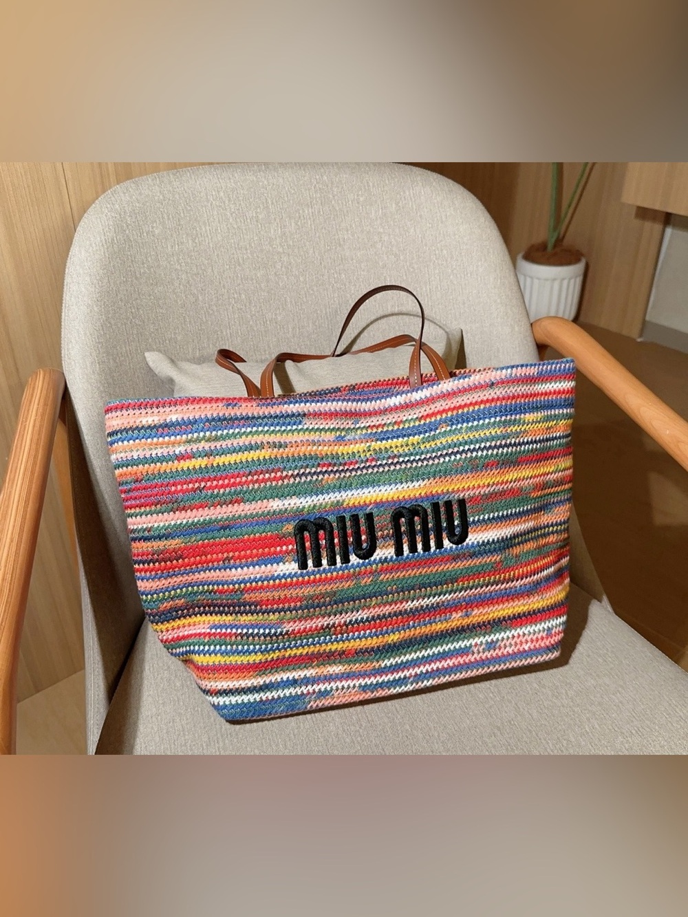 Miu Miu Multicolor Striped Woven Tote with Black Logo